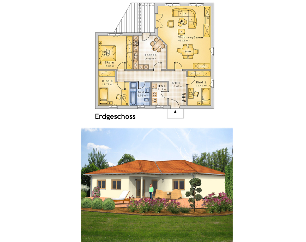 Planungsvorschlag Bungalow 02: Grundriss und Ansicht