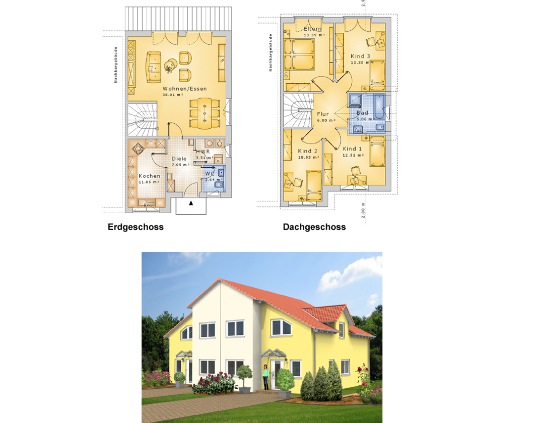 Planungsvorschlag Doppelhaus 16: Grundriss und Ansicht