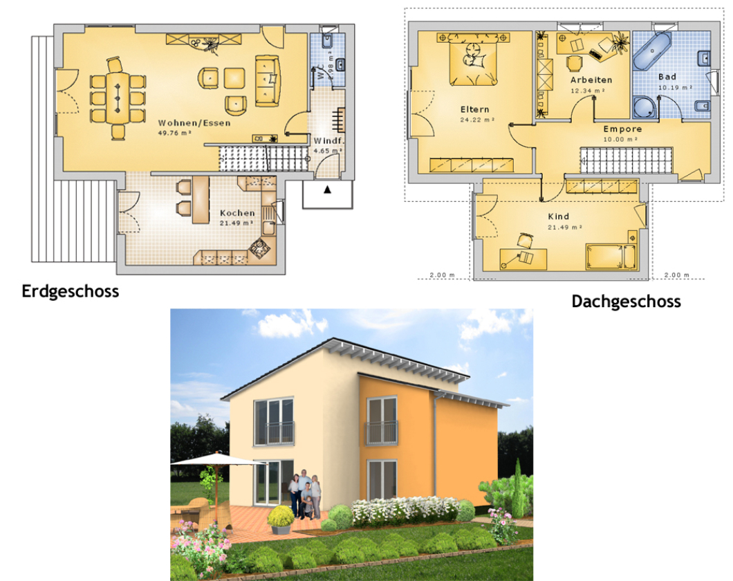 Planungsvorschlag Pultdachhaus 02: Grundriss und Ansicht