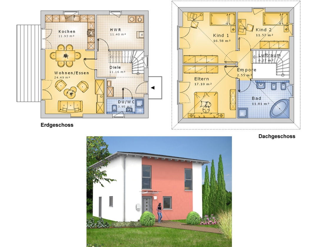 Planungsvorschlag Pultdachhaus 02, Variante: Grundriss und Ansicht