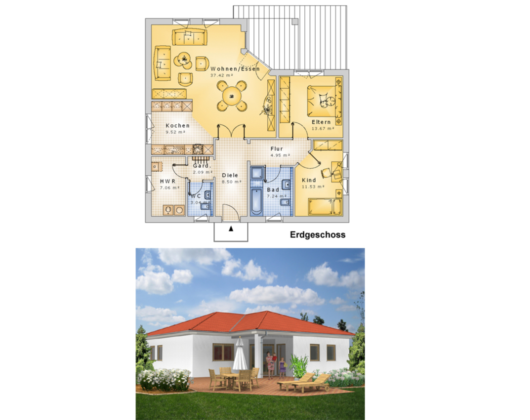 Planungsvorschlag Bungalow 08: Grundriss und Ansicht