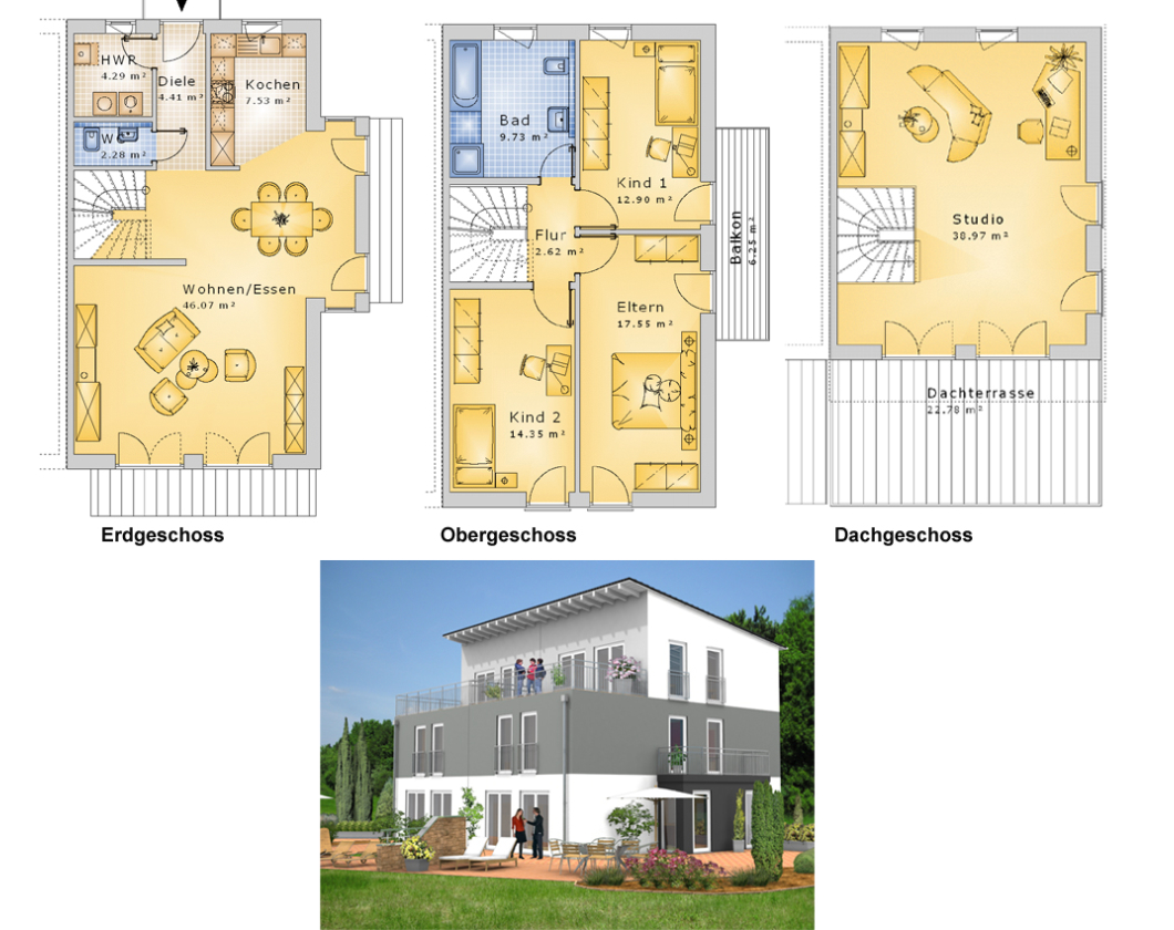 Planungsvorschlag Doppelhaus 03: Grundriss und Ansicht