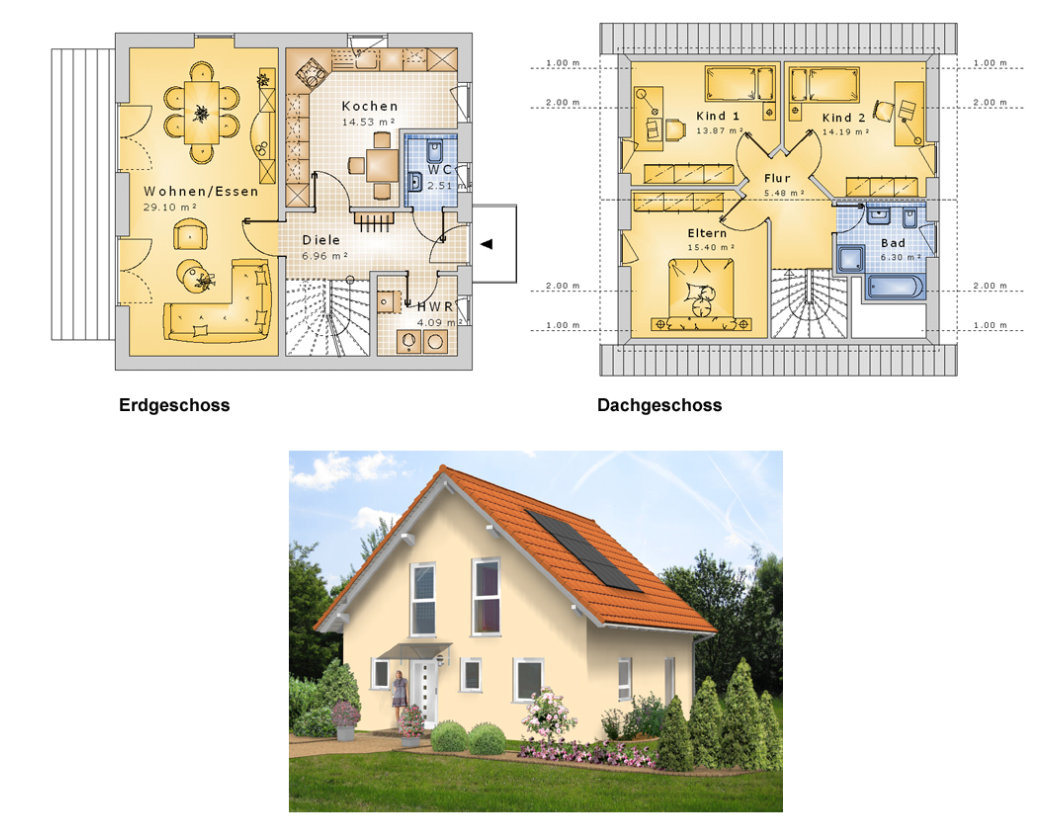 Planungsvorschlag Variante 74: Grundriss und Ansicht